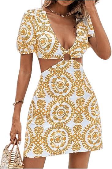 Summer Dresses for Women 2025 Vacation,Sexy Bodycon Cut Out Short Puff Sleeve Tie Back Dress for Women (XL, Orange)