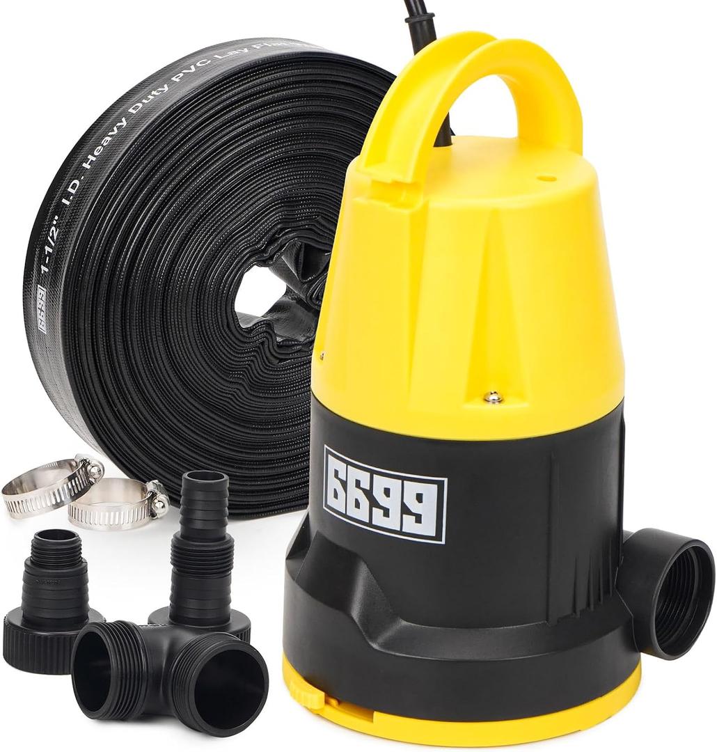 Submersible Sump Pump 5000GPH High Flow with 25FT x 1-1/2 Discharge Hose Drain Water Pump Kit 1HP Portable Utility Pump Easy to Use for Flooded Basement Rain Barrel