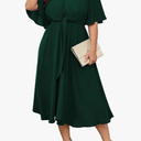 SCOMCHIC Women Plus Size Midi Dresses Wedding Guest Short Sleeve V Neck Tie Waist Casual Summer Flowy A Line Dress, Size 2XL