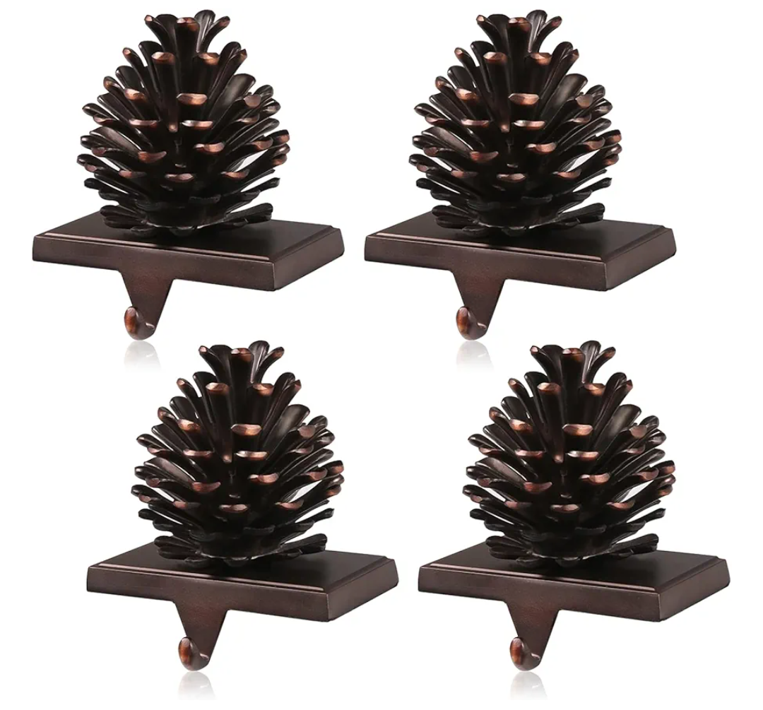 JUSTOTRY 3D Pine Cones Christmas Stocking Holders for Mantle Set of 4 with Non-Skid Brown Stocking Holder for Fireplace Home Decor Holiday Gifts Xmas Decorations Supplies