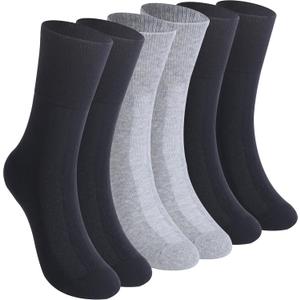 Facool Non-Binding Diabetic Crew Socks, Women Loose Top Cushioned Moisture Wicking Cotton Seamless Non Slip Soft Anti-sweat Dress Comfortable Socks, 6 Pairs Black+Grey+Navy Blue Medium