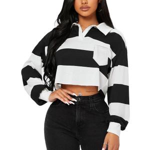 Hilinker Womens Striped Cropped Sweatshirt Polo Collar Long Sleeve Top Loose Pullover with Pocket Black White Stripe B Large