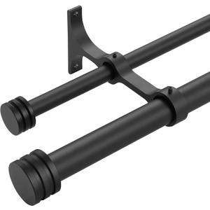 Double Curtain Rods with Aluminum End Cap and Full Enclosure Brackets, 1- Inch Front and 5/8 Inch Back Window Rod, Dual Drapery Rods Adjustable from 36 to 72 Inches (3-6 Feet), Matte Black