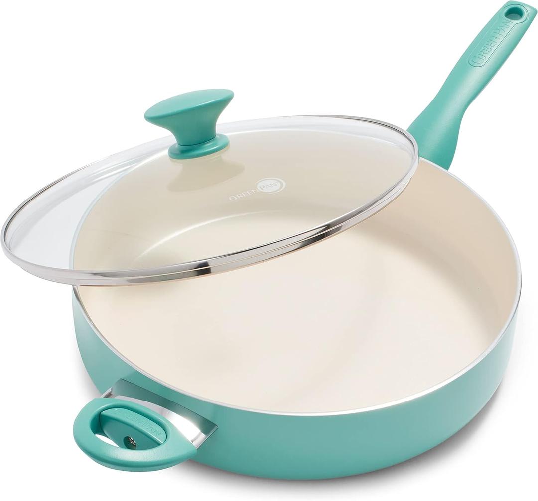 GreenPan Rio Healthy Ceramic Nonstick 5QT Sauté Pan Jumbo Cooker with Helper Handle and Lid, PFAS-Free, Dishwasher Safe, Turquoise