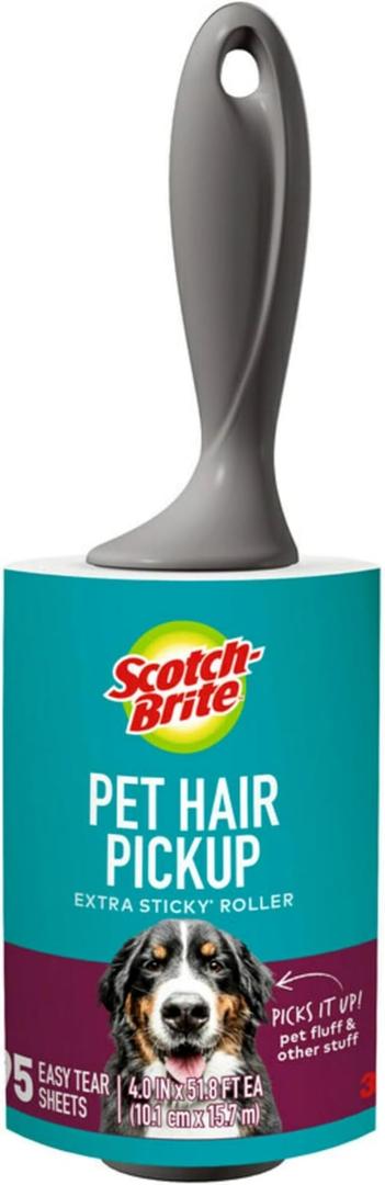 4 PACK Scotch-Brite Pet Hair Pickup Extra Sticky Lint Roller, Designed for Removing Fur + Fluff on Couches, Clothes, Dog and Cat Beds, & More, 1 Pack, 95 Easy-Tear Adhesive Sheets Total