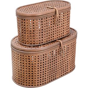 Modern Decorative Oval Woven Rattan Storage Boxes, Set of 2 Sizes, Dark Brown Finish