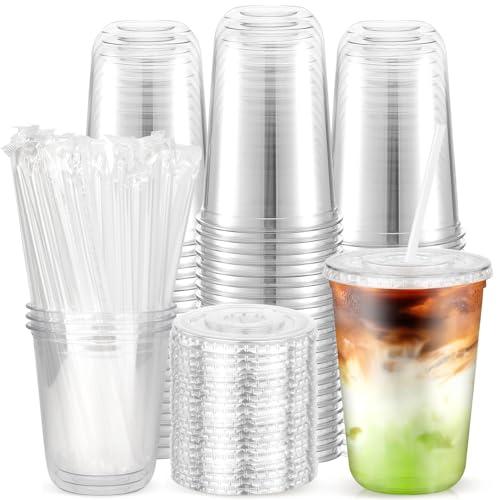 100PCS 14 oz Disposable Plastic Cups with Flat Lids and Clear Straws, Round Bottom To Go Iced Coffee Cups, BPA Free Holiday Cups for Smoothies, Cold Drinks, Coffee Shop, Juice Bars, Christmas Party