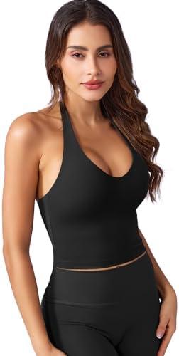 YEOREO Women's Halter Crop Top V Neck Workout Going Out Tank Top Hazel Padded Sleeveless Backless Trendy Summer Camisole, S