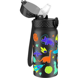 GOPPUS Kids Water Bottle (Straw Lid) - 14 Oz Stainless Steel Travel Bottle, Double Wall Vacuum Leak Proof Kids Cup for School Boys Girls,Space dinosaur