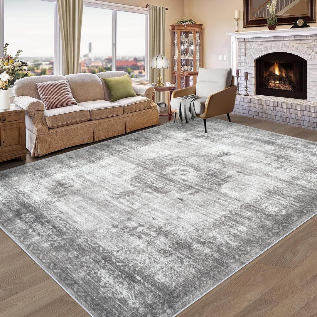 Vintage Living Room Area Rug - 8x10 Large Machine Washable Boho Moroccan Distressed Farmhouse Rugs for Bedroom - Soft Non-Slip Indoor Floor Accent Rugs for Office Dining Room (Grey, 8'x10')