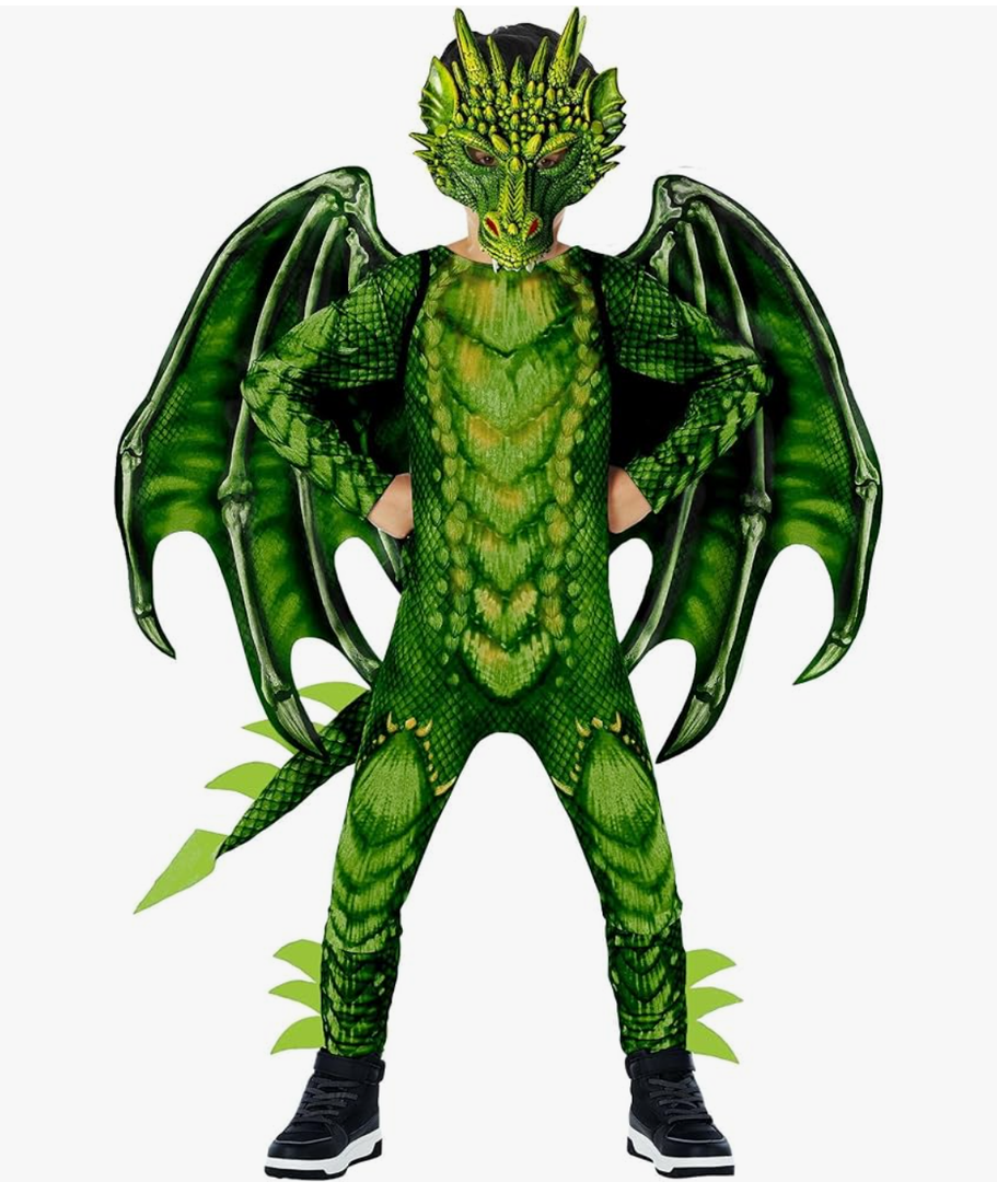 Morph Green Dragon Costume for Kids, Dragon Wing Costume for Boys, Halloween Dress-Up, Fun Outfit, Size M