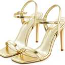 GENSHUO Women's Square Toe Strappy Stiletto Heels,4 Inch Open Toe Heel Sandals Ankle Strap Buckle Sexy High Heeled Prom Party Wedding Daily Wear Dress Shoes (8.5, Gold)