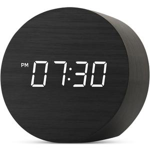 Wooden LED Digital Alarm Clock for Desk  Modern Aesthetic Wood Clock with Adjustable Brightness, 3 Alarms, Large Display, AC Powered Stays On When Plugged in (Black)