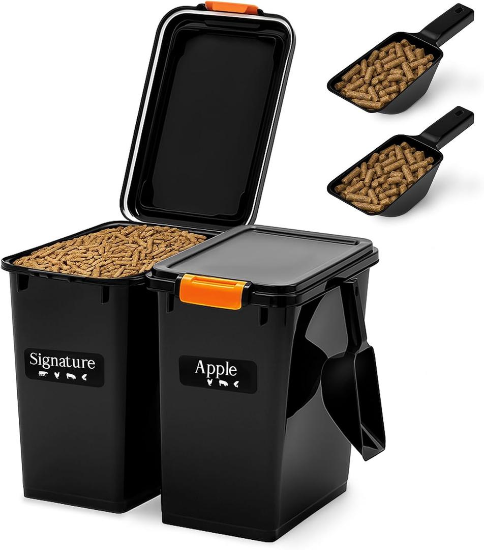 Maxdot 2 Sets 33lb Dry Pellet Storage Bin Pack with Scoops and Labels Grill Accessories Wood Pellet Storage Containers with Flavor Stickers Airtight for Grill Pellets