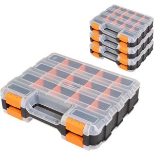 Tool Box with Transparent Lid, Double Side 34-Compartments Organizer Box with Removable Dividers for Hardware, Screws, Bolts, Nails, Beads, Jewelry and Fishing Accessories, Orange, 4 Pack