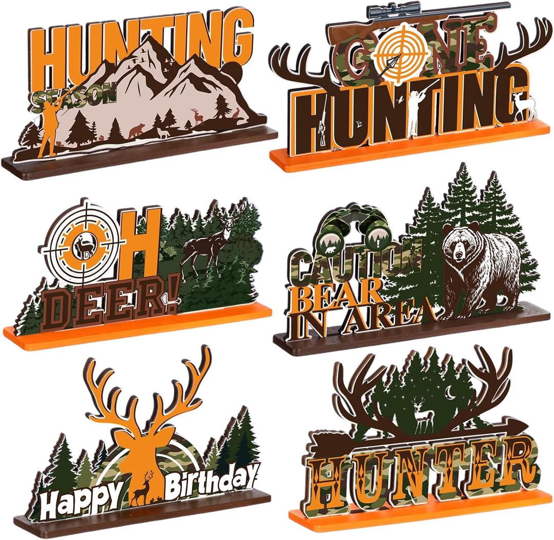6 Pcs Hunting Birthday Party Decorations Hunting Camo Deer Table Decorations Deer Wooden Centerpieces Camo Birthday Tabletop Signs Decor for Gone Party Supplies