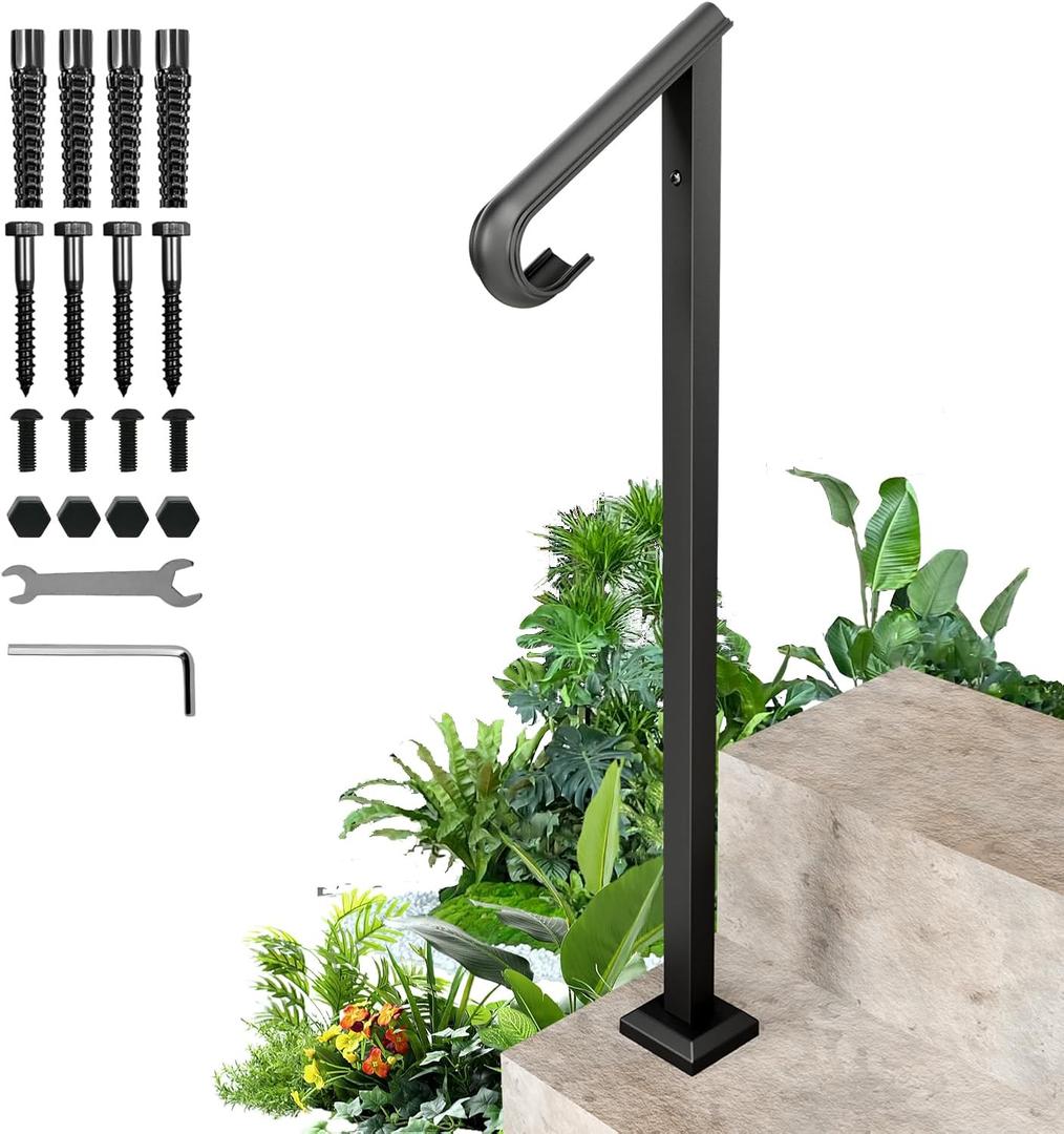 Handrails for Outdoor Steps, 1-2 Step Single Post Handrail, 38" H Rustproof Wrought Iron Stair Railing with Assembly Tool Kit for Concrete Steps, Wood Steps, Black