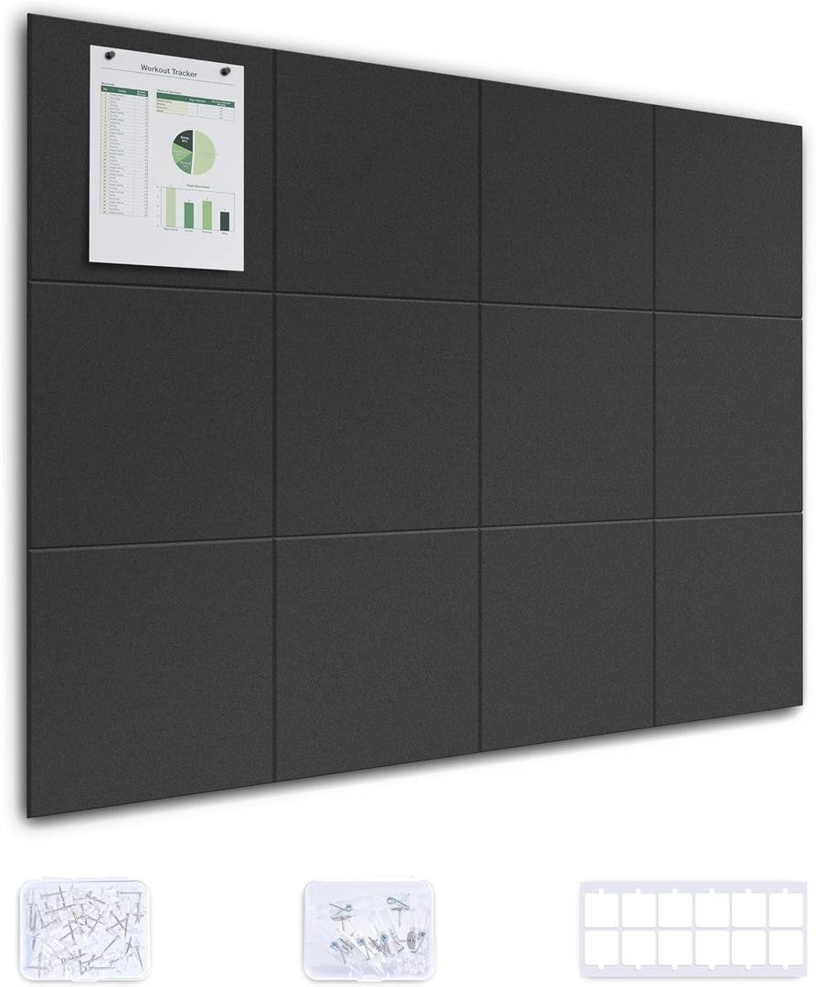 Large Felt Board Wall Tile, 48" x 36" Cork Board Alternative, 12 Pack Felt pin Bulletin Panel with Removable Adhesive Tabs and PushPins, Black Panel tack Wall Organizer for Office