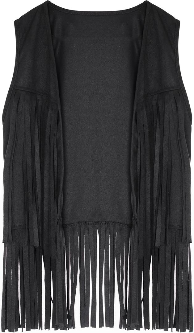 Womens Tassel Fringe Vest Sleeveless Western Cowgirl Vest 70s Costume Tops Hippie Jacket for Halloween (Large, Black)