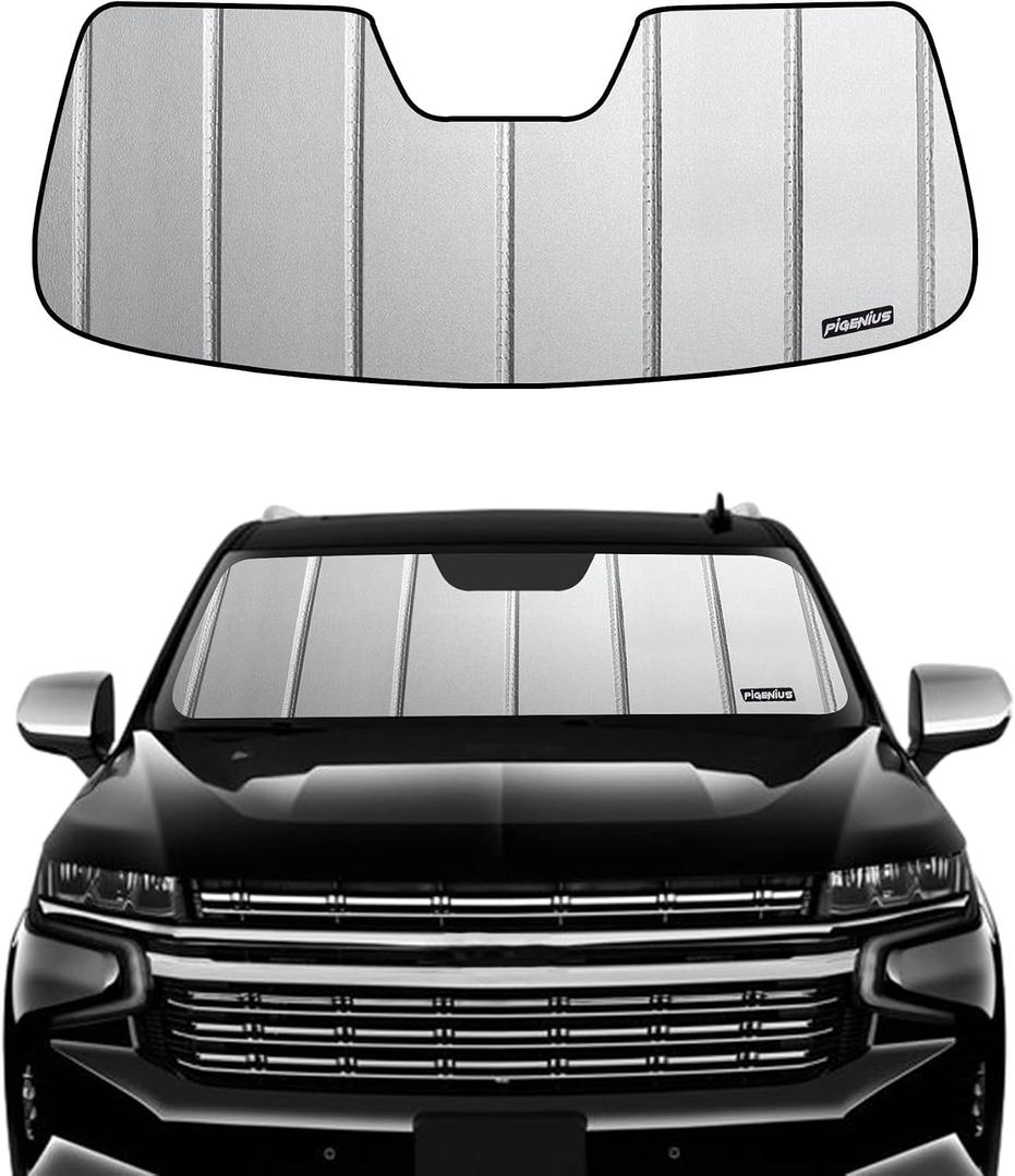 Pigenius Windshield Sun Shade for Chevy Tahoe Suburban 2021-2024, GMC Yukon/Yukon XL 2021-2024, Cadillac Escalade/Escalade ESV 2021-2024, Premium Grey Leather Finish