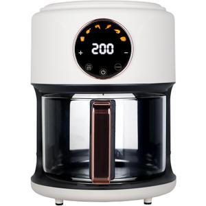 GYMODE Airy Fryer, 4.7Qt 1300W Glass Air Fryer, 6-in-1 Functions, 360° Viewable, Digital Display, Dishwasher Safe, Adjustable Temp 80℃~200℃(175F - 400F), 60 Min Timer, Nonstick Basket, White