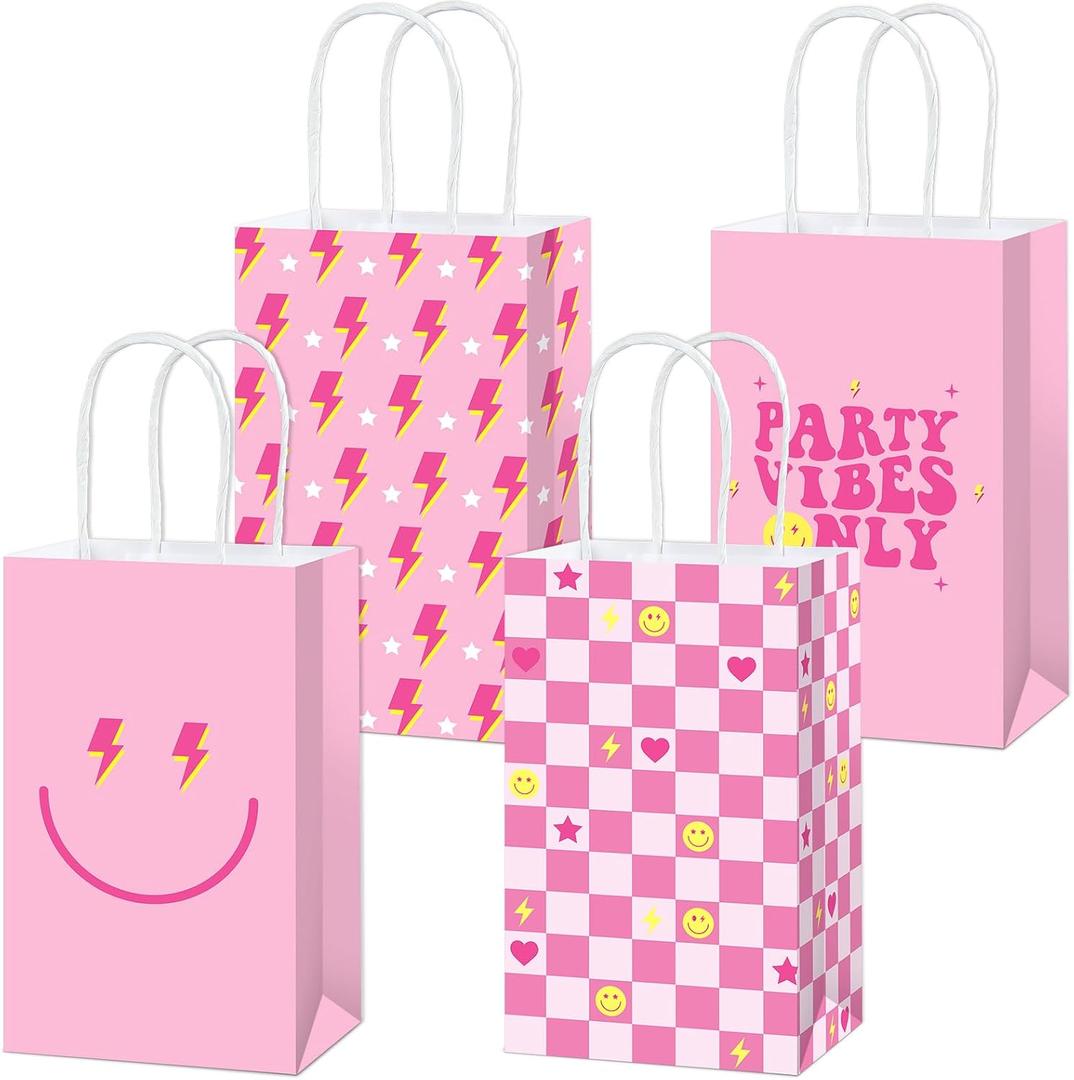 12Pcs Preppy Party Favor Bags Pink Smile Face Paper Gift Bags with Handles Heart Checkered Treat Candy Goodie Bag for Preppy Birthday Decorations Bachelorette Wedding Party Supplies Baby Shower