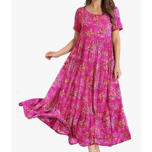 YESNO Women Casual Loose Bohemian Floral Dress with Pockets Short Sleeve Long Maxi Summer Beach Swing Dress EJF, Pink, 3XL