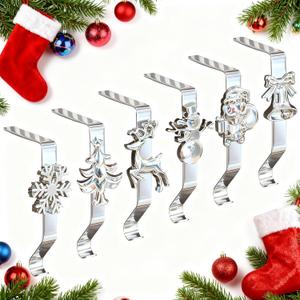 Set of 6 Christmas Stocking Holders for Mantle,Reusable Christmas Stocking Hangers with Upgraded Silicone Anti-Slip Mat,Sturdy Hanging Stocking Hanger Hook for Xmas Decoration, Silver