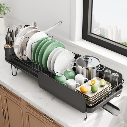 SNTD Large Dish Drying Rack - Expandable (19.3" to 29.4") Dish Rack for Kitchen Counter, Stainless Steel Dish Drainer with Utensil Holder, Pan Holder & Pot Lid Holder (Black)