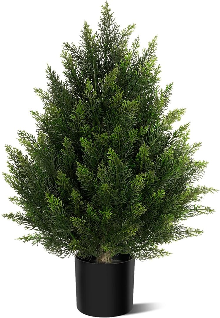 Outdoor Artificial Cedar Topiary Tree, Faux Evergreen Shrubs for Front Porch Decor, Lifelike Fake Bushes Plants for Home Living Room Front Door Decor (1, 2ft)