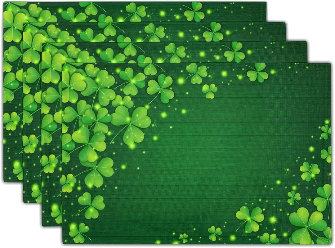 St Patricks Day Placemats Set of 4 18x12 Inch Clover Irish Shamrock Linen Place Mat Heat-Resistant Washable Wipeable Lucky Green Table Mat for Party Kitchen Dining Home Decor