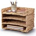 Yeaqee 4 Pcs Stackable Water Hyacinth Letter Tray, 13.4" L x 10" W x 2.4" H A4 File Paper Organizer, Woven Desk Storage Mail Basket for Office Home Magazine Document