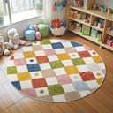 jinchan Macy Round Rug 4ft Kids Washable Rug Indoor Floor Cover Non-Slip Soft Modern Elementary School Classroom Colorful Diamond Carpet for Nursery Daycare Playroom Living Room Circus on Cream