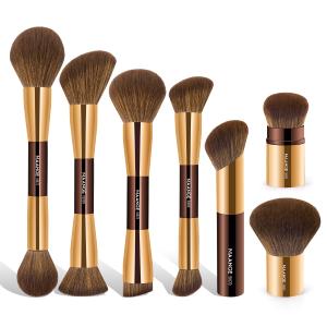 MAANGE 7pcs Makeup Brush Set Double Sided Kabuki Makeup Brushes Contour Brush for Foundation Liquid Powder Concealer Cream Cosmetics Bronzer Blending Blush Buffing Makeup Tools (Coffee Gold)