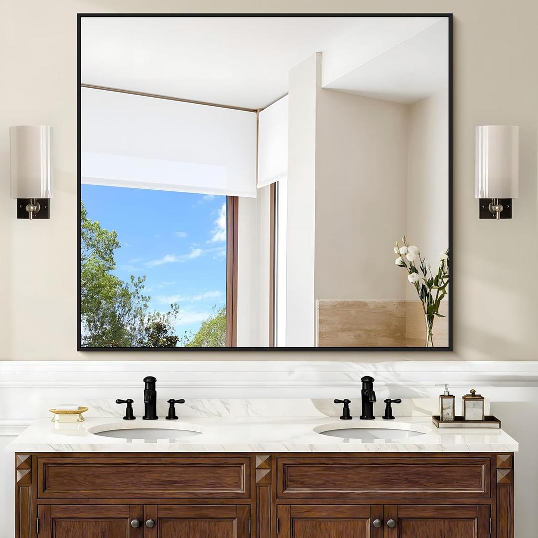 Black Bathroom Mirror for Wall, 36x40 Inch Rectangle Mirrors with Metal Frame, Modern Rectangular Wall Mirror for Bathroom Living Room, Entryway Hangs Horizontal or Vertical