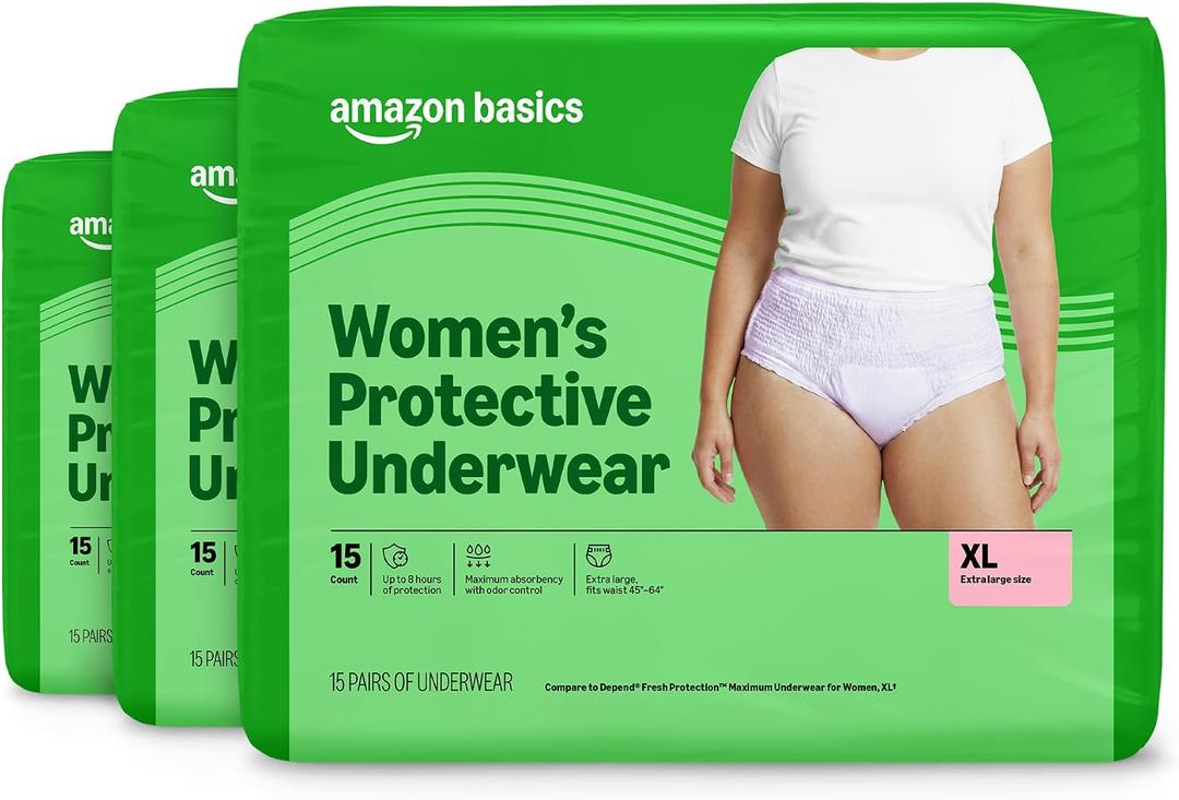 Amazon Basics Postpartum Incontinence Underwear for Women, Maximum Absorbency, Leak Protection, Disposable, Odor Control, Comfortable, X-Large, Lavender, 45 Count (3 Packs of 15)