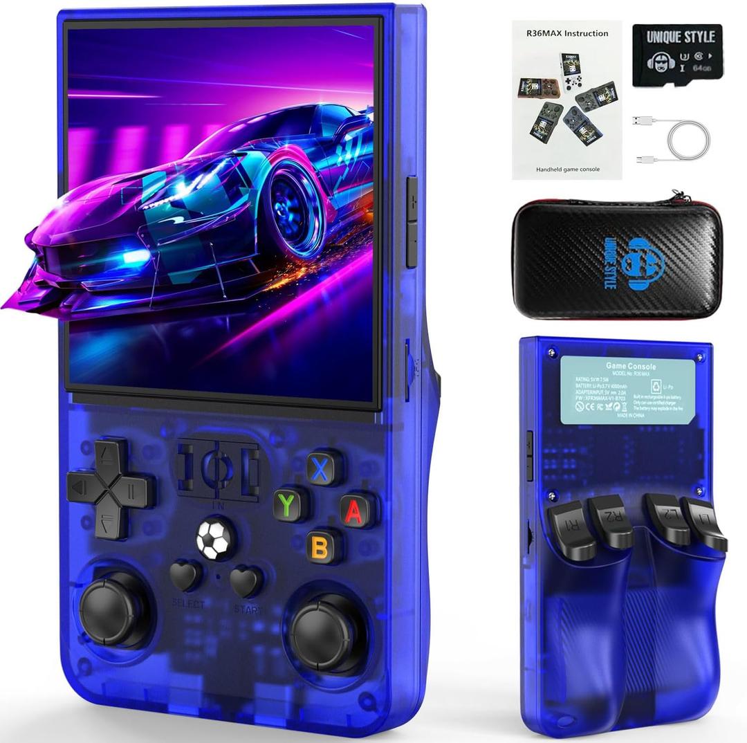 R36MAX Retro Handheld Game Console, 4.0 Inch IPS HD Screen Portable Retro Gaming Console, 1.5GHz CPU Support 30+ Emulator Console Video Game Console, 4000mAh Battery (64GB Blue)