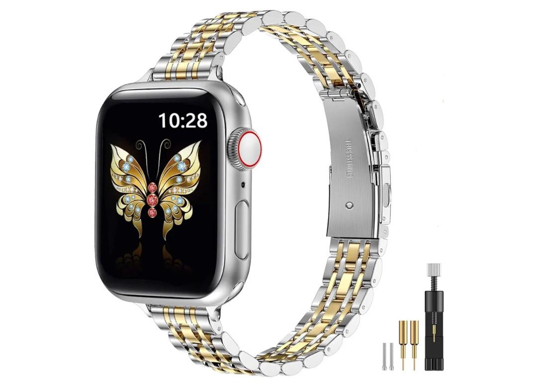MioHHR Slim Metal Band Compatible with Apple Watch Band 42mm(Series 11 10) 41mm(Series 9 8 7) 40mm(Series 6 5 4 SE3/2/1) 38mm(Series 3 2 1),Stainless Steel iWatch Bands for Women,Silver/Gold