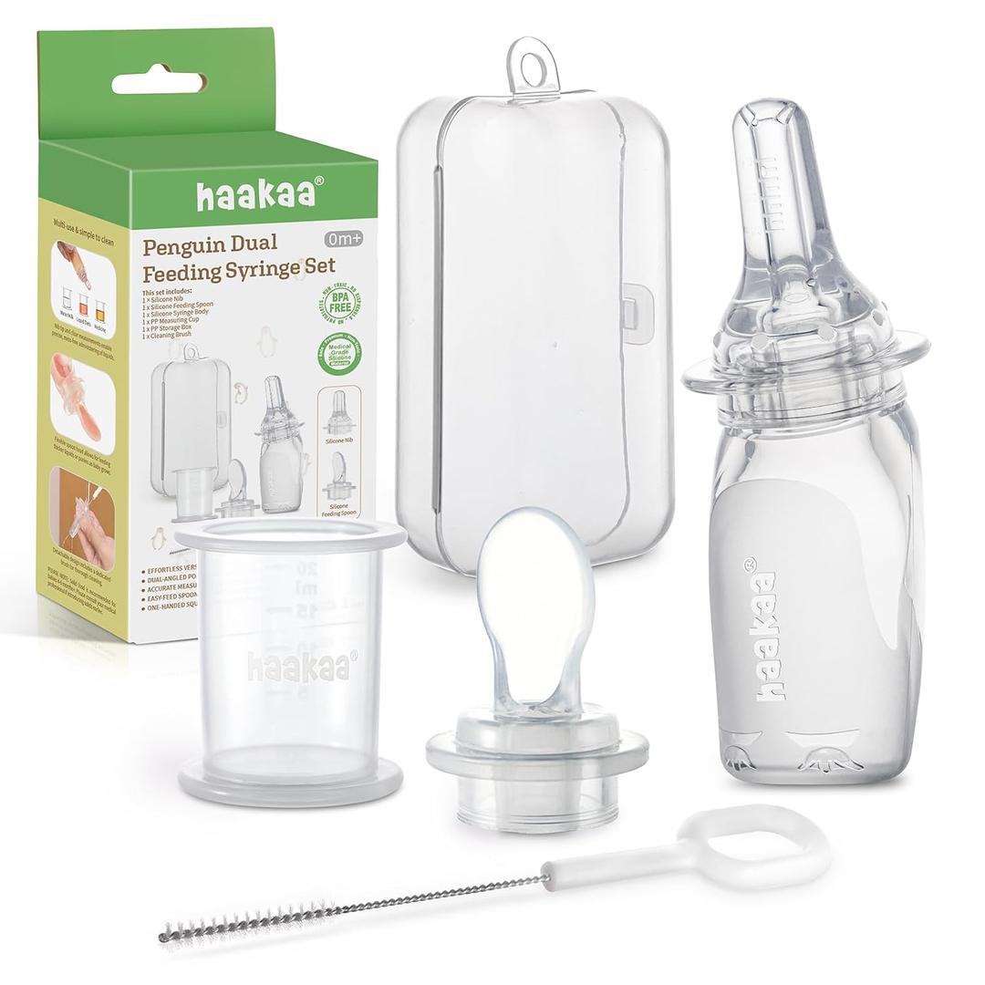 haakaa Penguin Dual Feeding Syringe Set-Baby Medicine Dispenser and Food Dispensing Spoon Feeder,Medical-Grade Silicone
