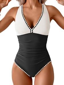 B2prity One Piece Swimsuit for Women Tummy Control Ruched Bathing Suit Push Up Tie Back Swimwear Shell Stitched (L,  Black, White Splicing)