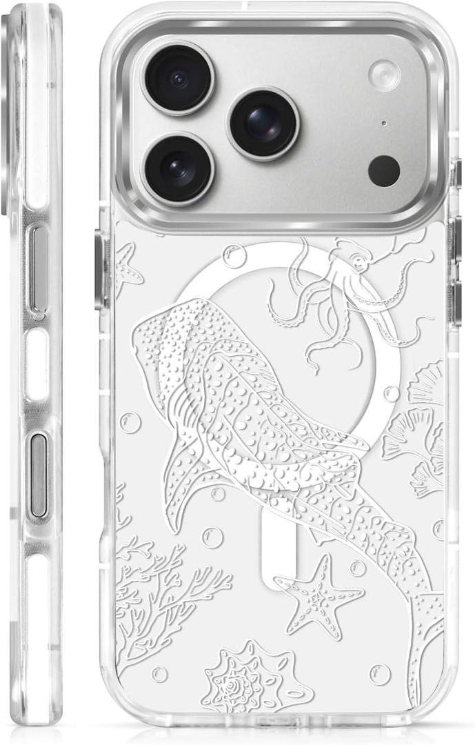 for iPhone 17 Pro Case [Compatible with Magsafe],Girls Women Clear Magnetic Case Silicone Shockproof Protective Cover with Pattern White Ocean Whale Shark