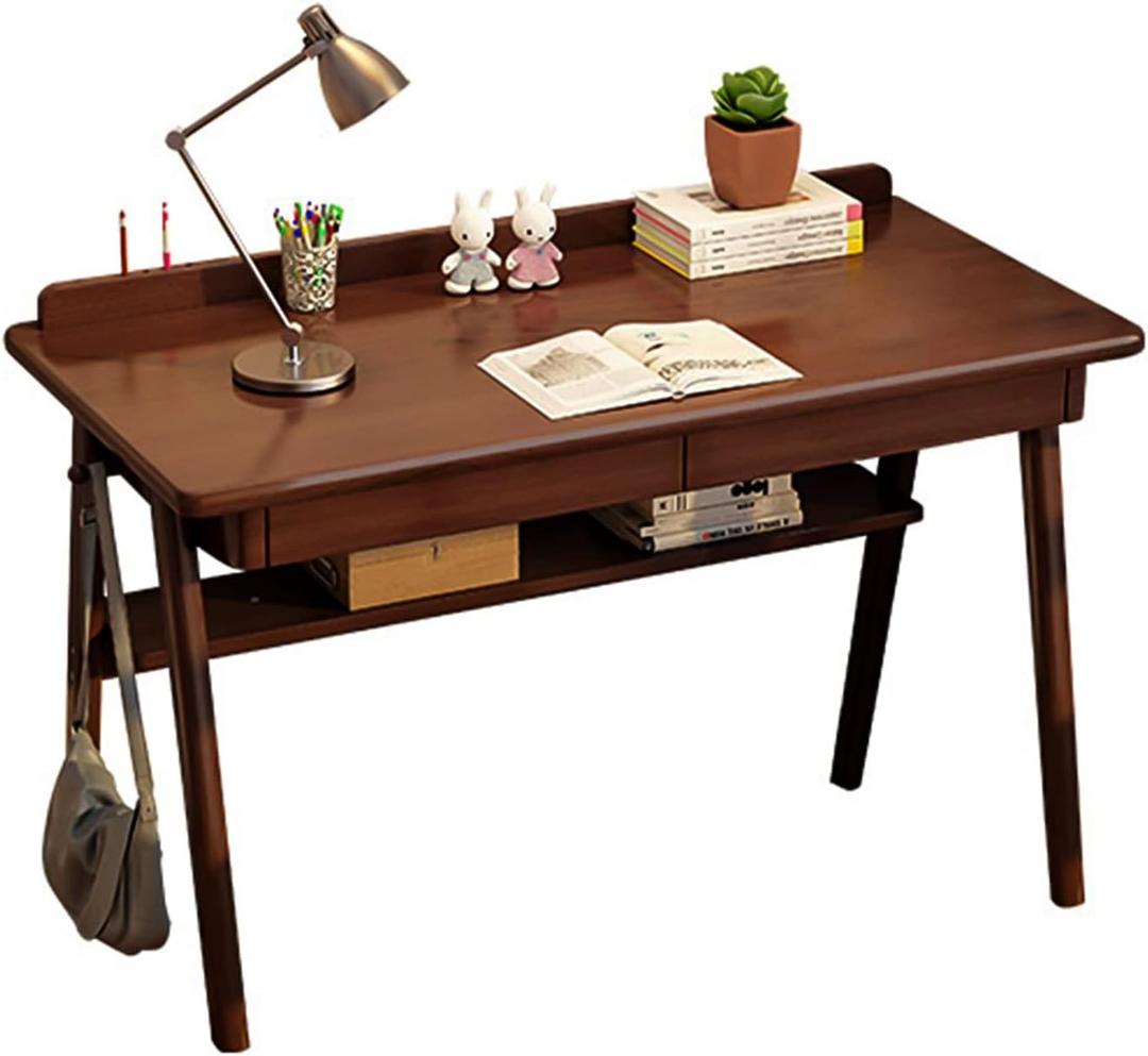 Solid Wood Writing Desk, 47" Mid-Century Modern Walnut Desk, Home Office Computer Desk with 2 Drawers and Storage Shelf, Laptop Desk, Study Table, Work Desk Station