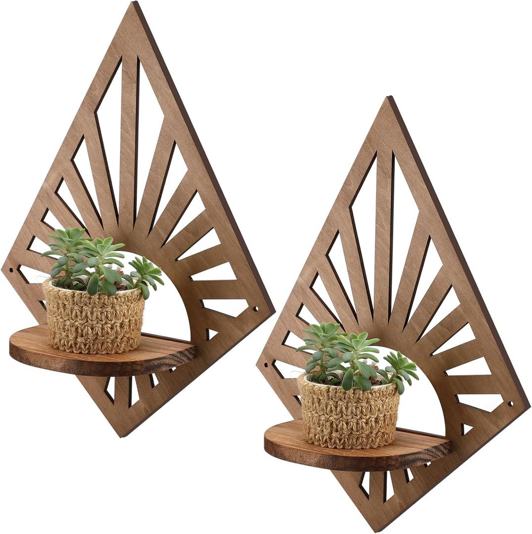 Menkxi 2 Pcs Boho Brown Vintage Floating Shelves for Wall Rustic Farmhouse Wooden Wall Mounted Diamond Hanging Mount Wood Candleholder for Nursery Bedroom Room Decor(Diamond)