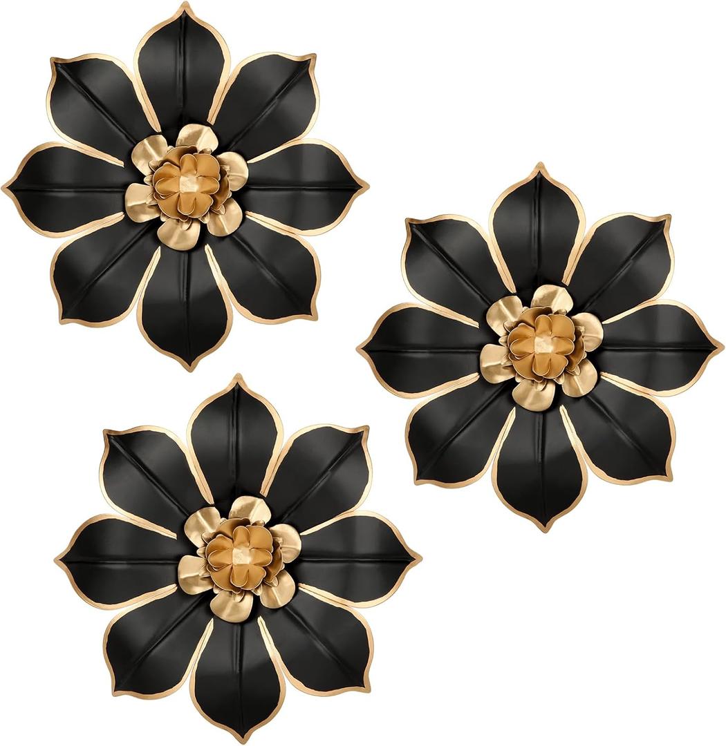 Metal Flowers Wall Decor Black and Gold Wall Art Decorations Hanging 3 Pc Rustic Modern Floral Sculpture Wall Accent Artwork Indoor Outdoor for Bathroom Kitchen Bedroom Living Room Patio Porch 10 Inch