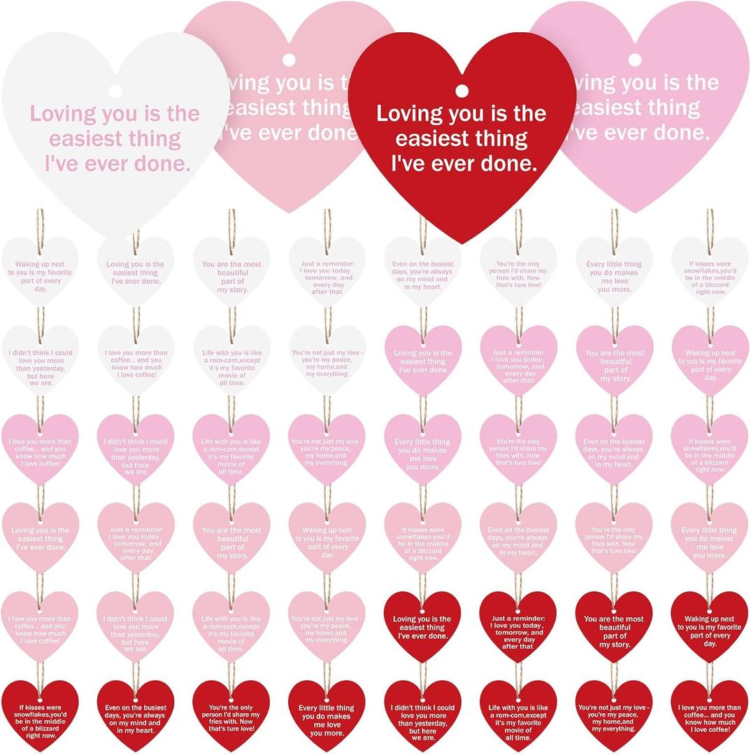 Harloon 48 Pieces Valentine's Day Conversation Hearts Ornaments 2.4inch Mini Love Letter Haning Decoration for Tree Pink Red White Romantic Notes Tag with String for Valentine Wedding Party Gift