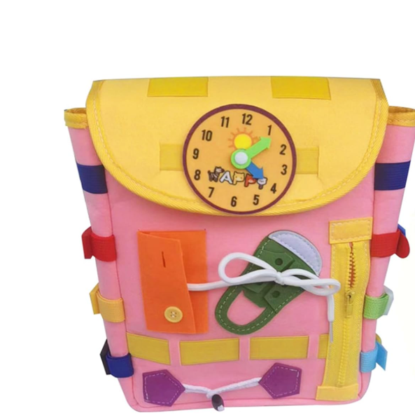 Goodliest Busy Board - Toddler Backpack with Learning Activity Toys, Interactive Kids Backpack with Buckles and Zippers, Montessori Sensory Felt Backpacks for Kids, Children's Travel Toy (Pink)