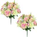 Briful Artificial Flowers Bouquet - 2 Pack Faux Silk Floral Arrangement Fake Carnations Roses Orchid Mixed Flower for Home Office Room Vase Memorial Grave Outdoor Decor
