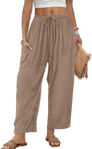 Sampeel Wide Leg Pants for Women Barrel Flowy Palazzo Elastic Waist Trousers with Pockets Summer Beach Vacation Outfits, Size S