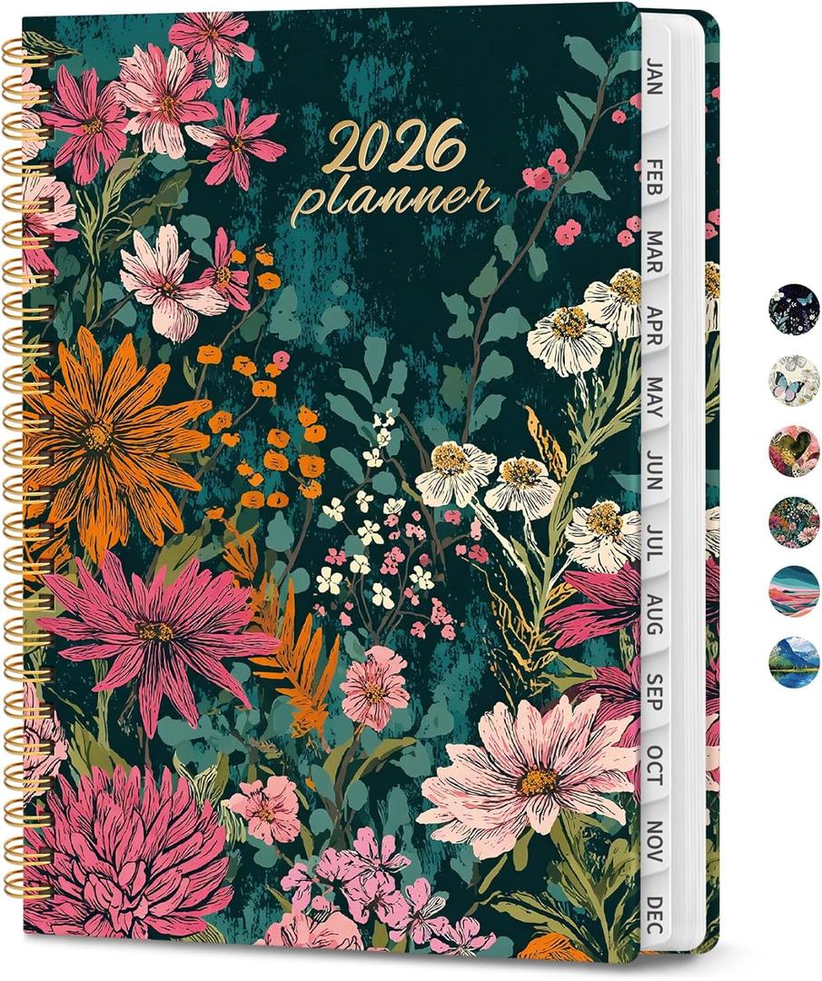 2026 Planner, Weekly and Monthly Planner for Women, January 2026 to December 2026, Pretty Hardcover 2026 Calendar Planner Book with Tabs, Inner Pocket, Spiral Bound, Perfect Office Home School Supplies - 8.5" x 11", Wildflower Reverie