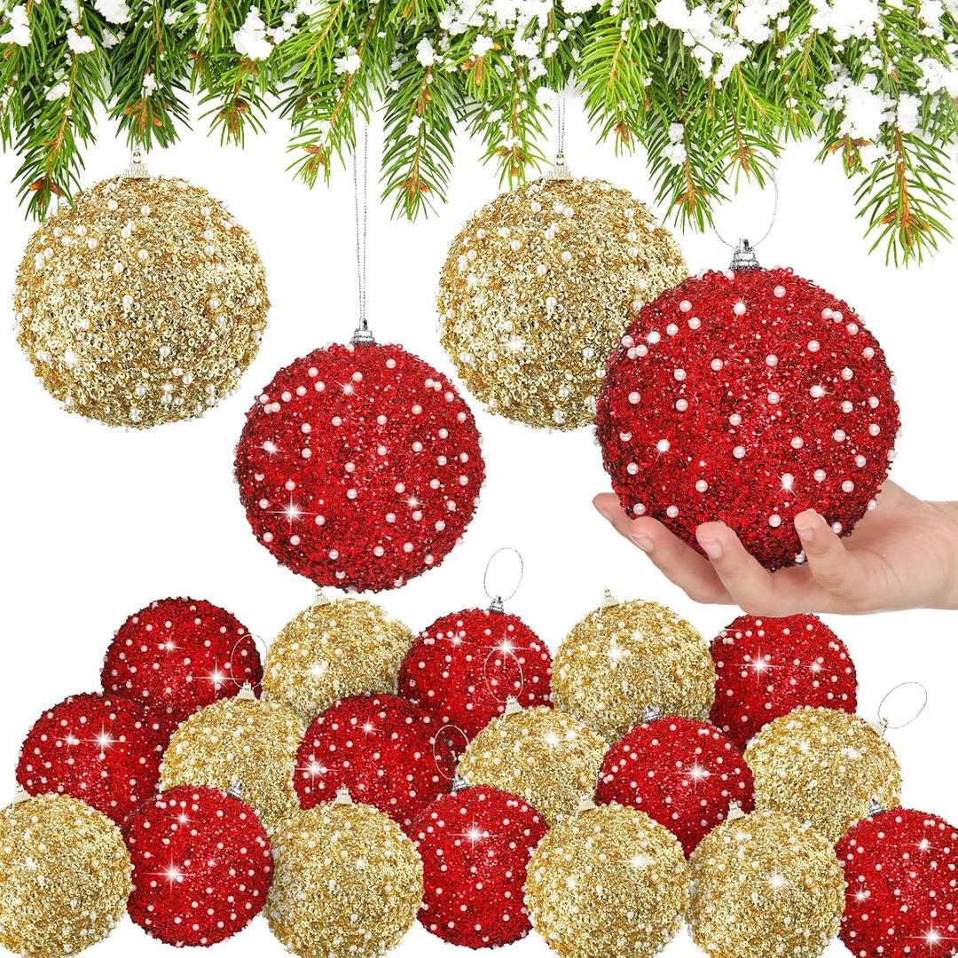 Lyrow 24 Pcs 4" Glitter Christmas Ball Ornament Set Christmas Ball Bulk Xmas Sequin Foam Hanging Ornament Decorative Hanging for Tree Party Holiday Decor(Gold, Red)